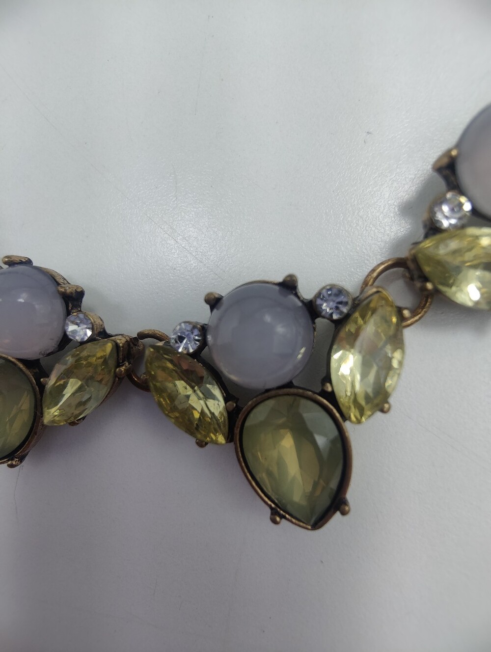 Vintage Style Lavender Green Statement Necklace Bronze Tone Rhinestone Floral - Picture 3 of 10